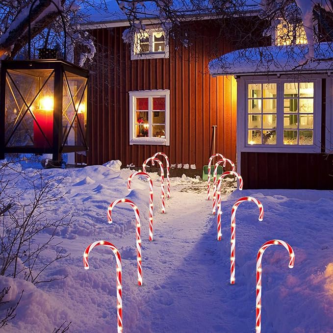 Joiedomi 12 Pcs Christmas Candy Cane Pathway Markers Lights, 16” Stakes Lights with Warm White, Waterproof Outdoor Decorations for Xmas Indoor and Outdoor Decorations Yard, Walkway, Lawn, Garden