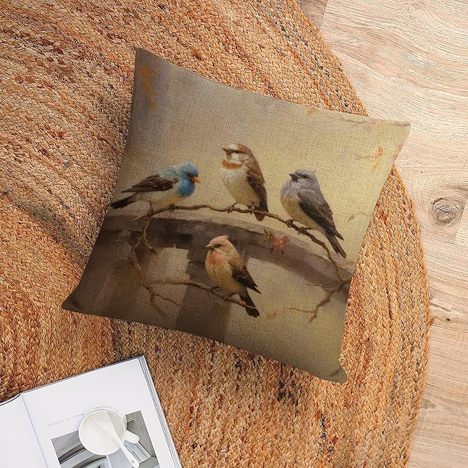 Sofa Pillow Case Colorful Birds are Sitting on A Branch Cushion Covers 16"x16" Oil Painting Rustic Forest Wildlife Birds Tree Branches Modern Pillow Cover Decor for Sofa Couch