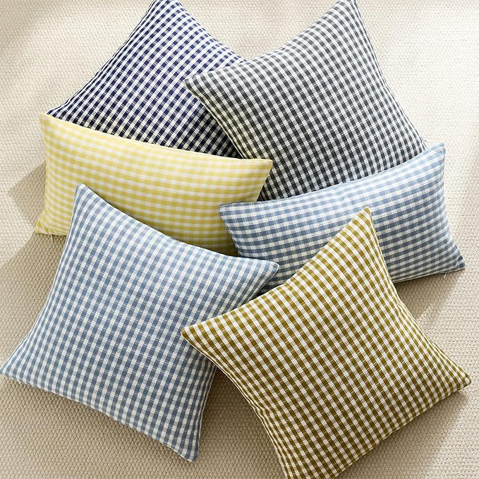 Summer Outdoor Waterproof Throw Pillow Covers 20x20 Set of 2, Yellow and White Plaid Pillow Cases Boho Gingham Farmhouse Cushion Covers for Couch Balcony Patio Garden