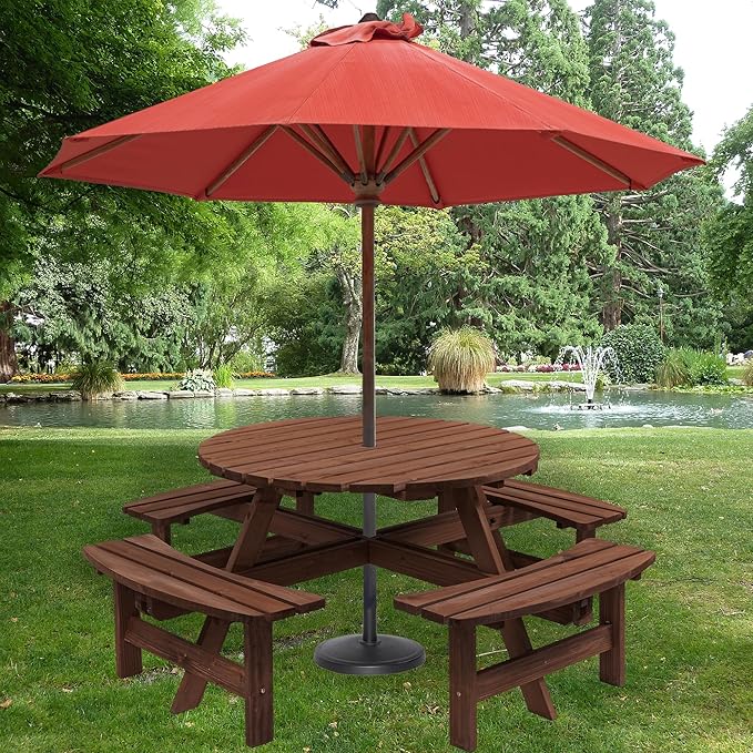 8 Person Outdoor Picnic Table with 4 Built-in Benches Round Wood Picnic Table with Umbrella Hole, Outside Picnic Tables and Bench Set for Garden,Patio, Backyard,2220LBS Total Capacity,Walnut Brown
