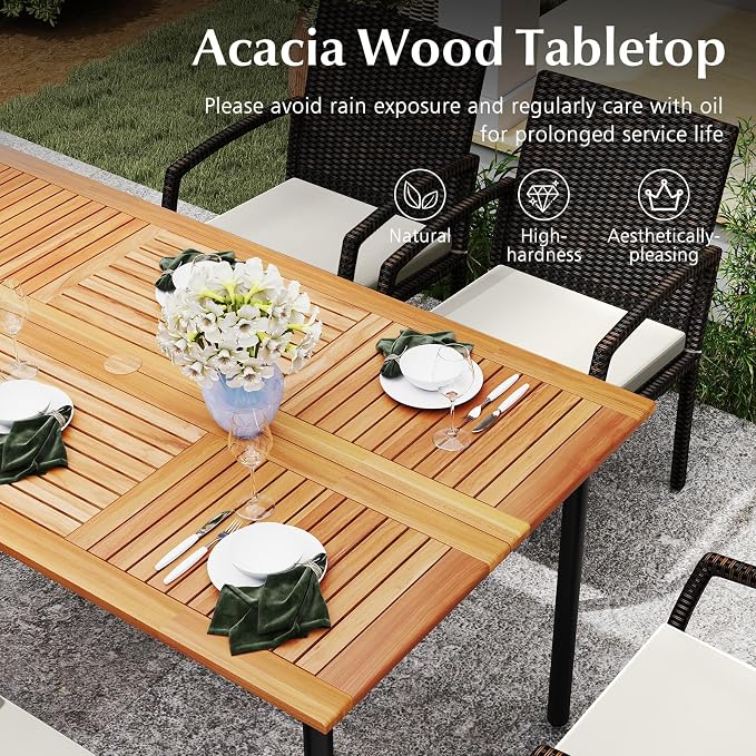 HAPPYGRILL 7-Piece Patio Dining Set Outdoor Rattan Wicker Furniture Set with Umbrella Hole, Steel Frame, Acacia Wood Tabletop & Removable Cushions, for Backyard, Porch, Garden