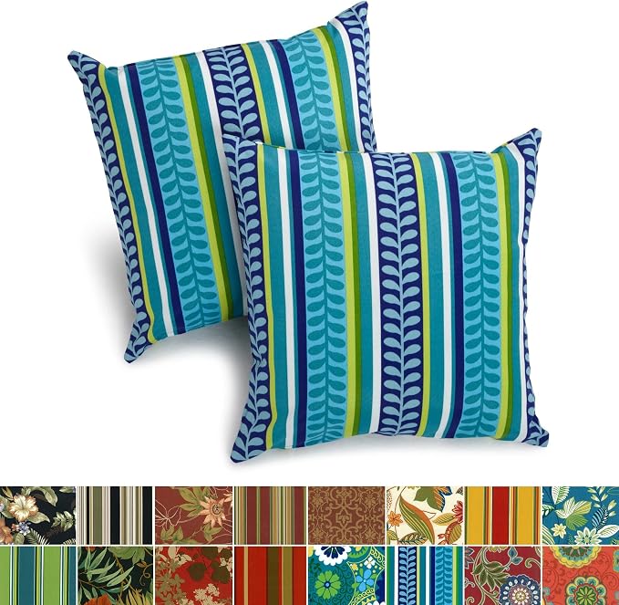 Blazing Needles All-Weather UV-Resistant Outdoor Zippered Pillows Set, Set of 2, 18", Kingsley Stripe Ruby