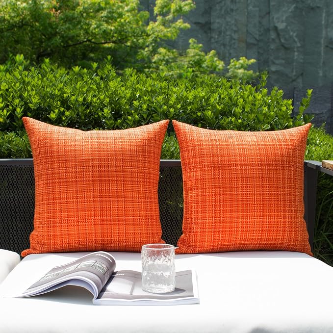Kevin Textile Outdoor Waterproof 22x22 Inch Pillow Covers 2 Pack, Orange | Water Resistant, Faux Linen Yarn-dyed, Woven Texture Throw Pillow Covers for Tent Patio Garden Couch Sofa
