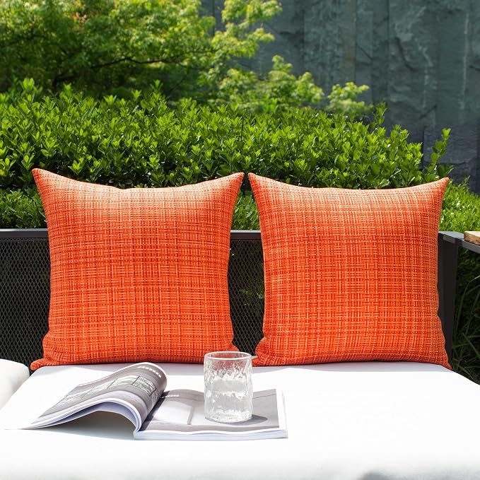 Kevin Textile Outdoor Waterproof 18x18 Inch Pillow Covers 2 Pack, Orange | Water Resistant, Faux Linen Yarn-dyed, Woven Texture Throw Pillow Covers for Tent Patio Garden Couch Sofa