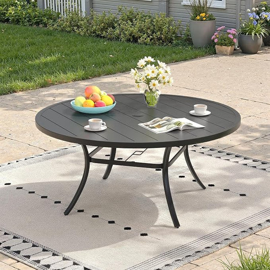 Outdoor Dining Table for 8, 53" Round Outdoor Table with Adjustable Umbrella Hole, All-Weather Metal Patio Dining Table for Lawn Garden Backyard Deck, Black