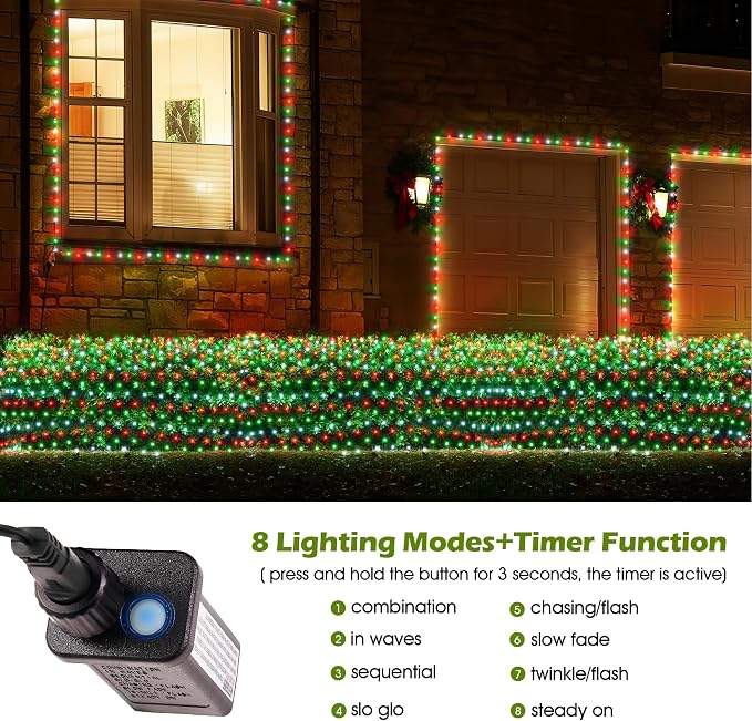 BlcTec Outdoor Christmas Lights 360 LED 9.8ft x 6.6ft Christmas Net Lights with 8 Modes, UL Certified, Timer, Connectable, Waterproof for Bushes, Shrubs, Yard Outdoor Decorations, Red White Green