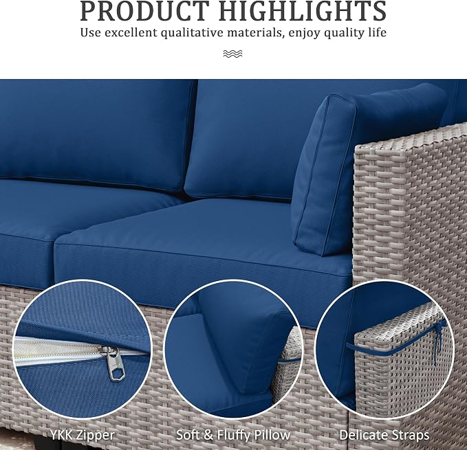 Outdoor Furniture Replacement Cushions, Waterproof Patio Furniture Cushions, 4" Deep Seat Outdoor Sectional Cushion for 3-Seat Outdoors Rattan Sofa Patio Sofa Cushion, Blue