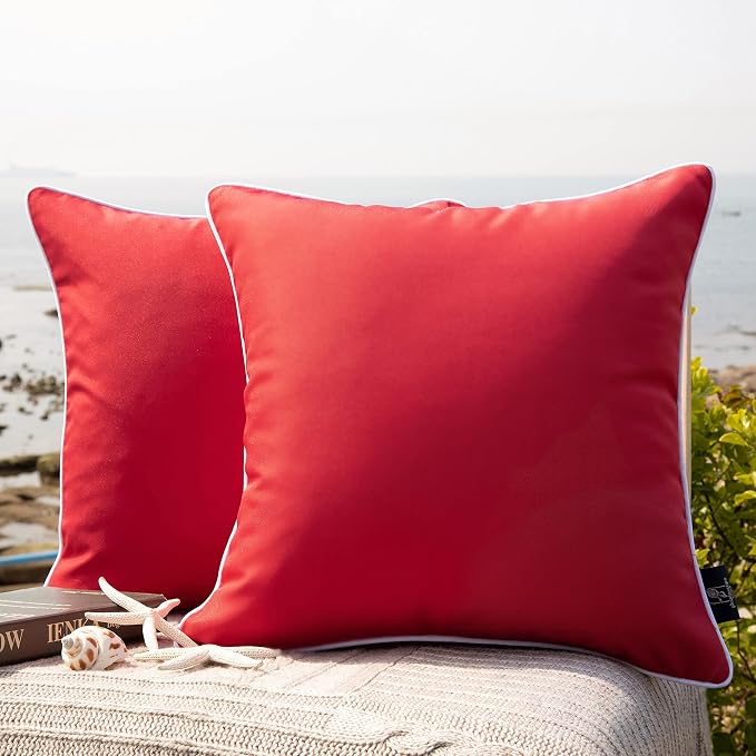 Phantoscope Pack of 2 Outdoor Waterproof Solid Throw Decorative Pillow Cover Decorative Square Outdoor Pillows Cushion Case Patio Pillows for Couch Tent (20''x20'', Red)