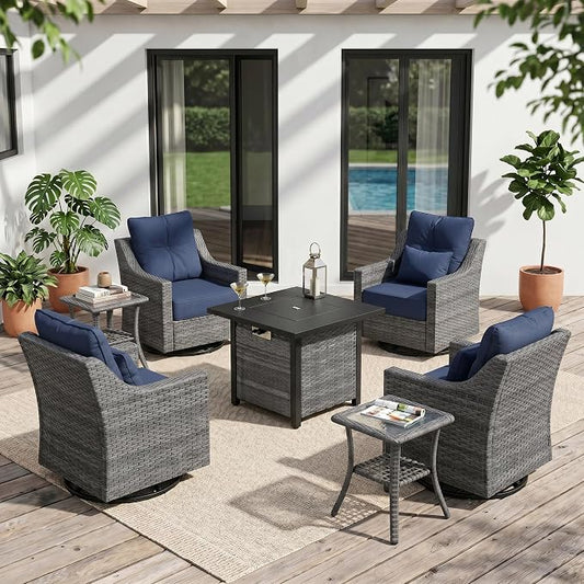7 Piece Patio Furniture Set with 6" Thick Cushions, Weather-Resistant Wicker Swivel Rocker High Back Chairs and Fire Pit Table for Porch Yard Deck