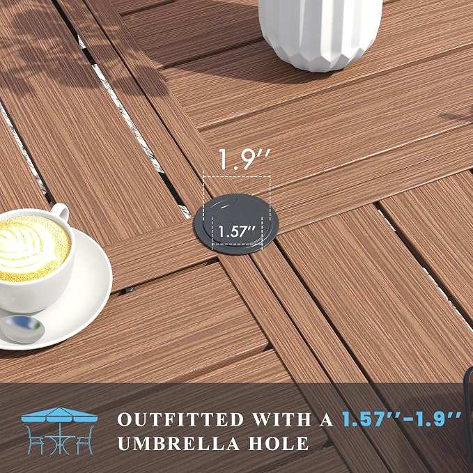 VICLLAX 53" Round Patio Table with Umbrella Hole, All Weather Metal Outdoor Dining Table for 6-8, Outside Table for Lawn Garden, Walnut Wood-Grain Finish
