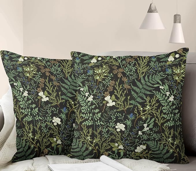 Green Plant Throw Pillow Covers 18x18 Inch Set of 2 Black Green Botanical Leaf Pillow Covers Vintage Floral Cushion Cover Farmhouse Waterproof Decor for Living Room Bedroom Sofa Patio Outdoor