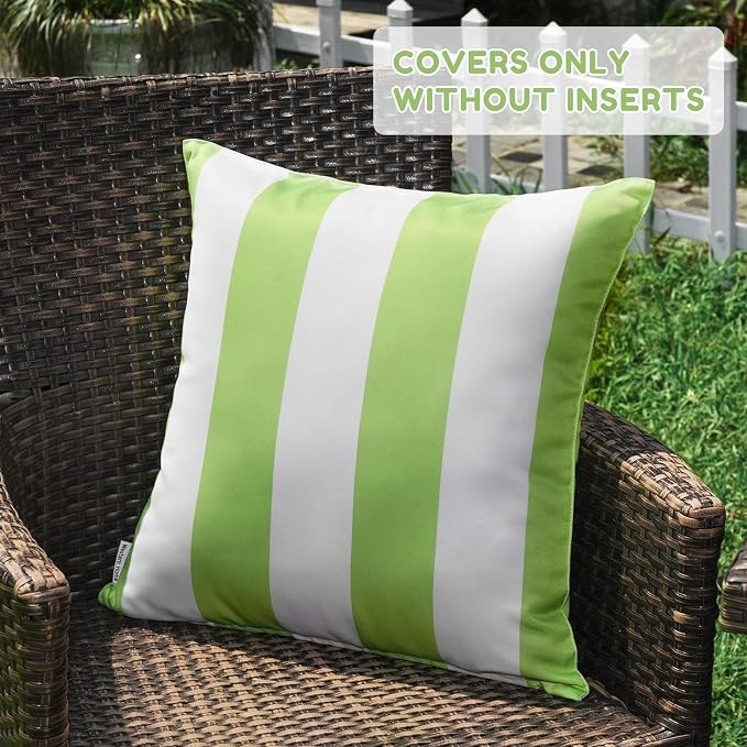 Pack of 2 Decorative Outdoor Waterproof Striped Throw Pillow Covers 18x18 | Green, Solid, Polyester Linen Garden Farmhouse Cushion Cases for Couch Sofa Patio Tent Balcony