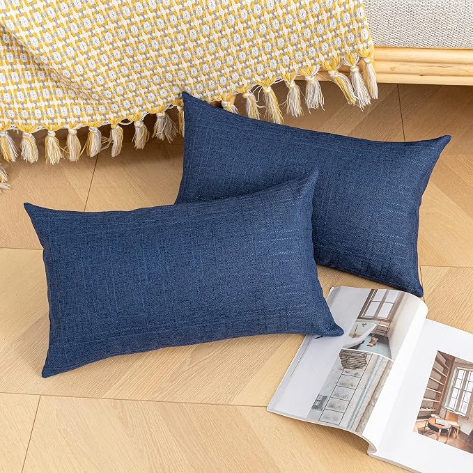 Kevin Textile Outdoor Waterproof 14”x24” Lumbar Pillow Covers 2 Pack, Blue | Water Resistant, Soft Faux Linen-cotton Yarn-dyed Woven Texture Throw Pillow Covers for Tent Patio Garden Couch Sofa