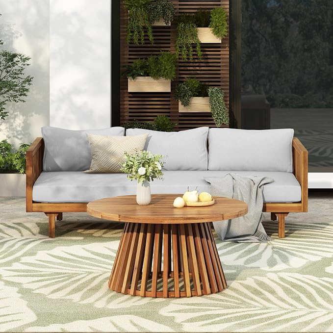 Merax Outdoor Acacia Wood Conversation Set - Patio 3-Seat Loveseat Sofa w/Coushion and Round Coffee Table for Backyard, Lawn, Balcony, Teak+Light Gray