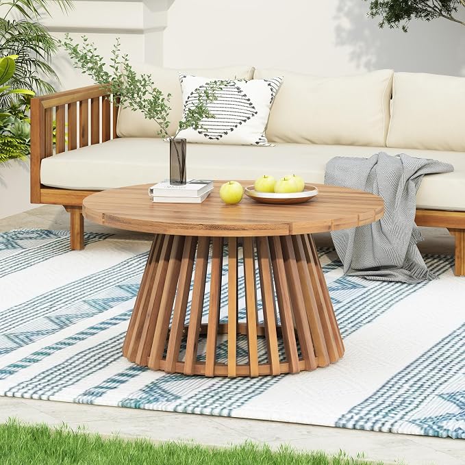 Christopher Knight Home Charm Patio Conversation Set, 3 Seater Acacia Wood Sofa, Spacious Seating Daybed, Wood Coffee Table, Round Side Table, Outdoor Furniture for Backyard Garden Gathering, Beige