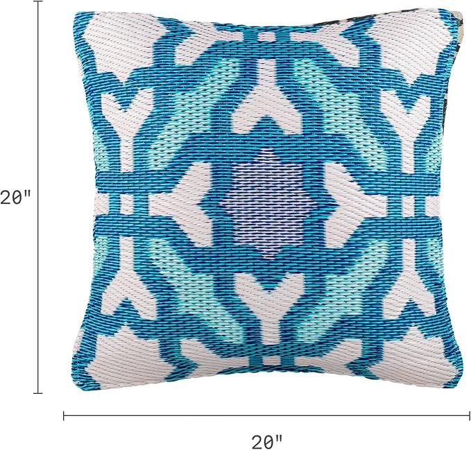 Fab Habitat Outdoor Premium Recycled Plastic Pillow - Waterproof, Fade Resistant - Spanish Tile Farmhouse - Patio, Porch, Deck, Balcony - Seville - Multicolor Blue - 20" x 20"