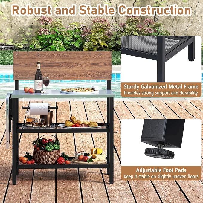 Giantex Outdoor Bar Table with Flip-Up Top & Foldable Side Table, 4-Tier Grill Stand with Storage Shelves, Hooks, Paper Towel Holder, Patio Kitchen Island Food Prep Cooking Station