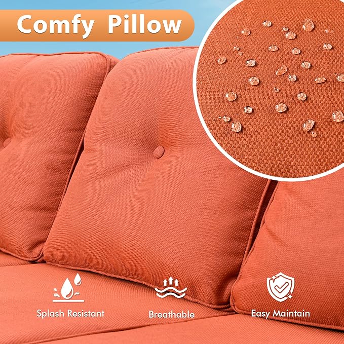 6 PCS Outdoor Patio Furniture Sets,Patio Conversation Sets Outside Rattan Soft Cushion Sofa with 2 Wicker Rocking Chairs & 54 in Fire Pit Table Fit Backyard Porch Garden Poolside Balcony,Orange Red