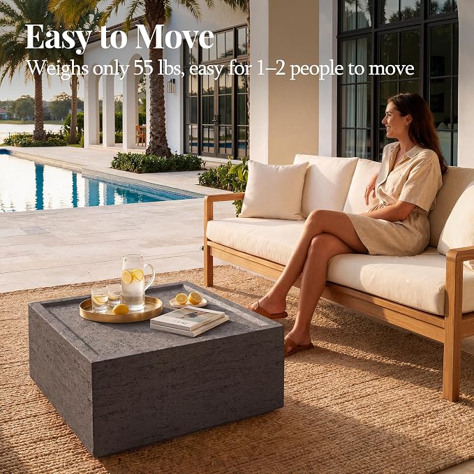 UPHA 28" Square Outdoor Coffee Table, Modern Hollow Concrete Patio Table, Small Minimalist Low Accent Table for Living Room, Balcony, Deck, Backyard, Dark Gray