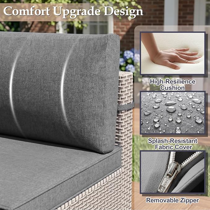 Patio Furniture Set, 9-Piece Outdoor Sectional Sofa with Ottomans & 2-Layer Glass Coffee Table, Wicker Patio Conversation Set with Gray Cushions for Poolside