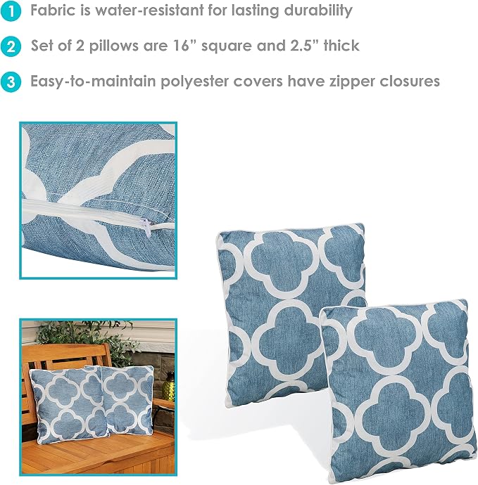 Sunnydaze 16-Inch Square Outdoor Decorative Throw Pillows - Set of 2 - Blue and White Quatrefoil