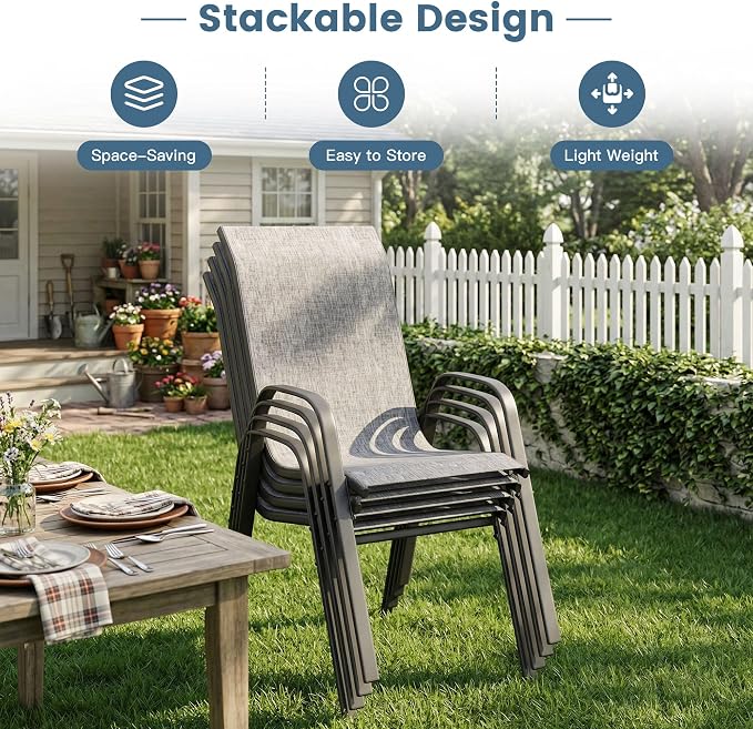 DIFY 7 Piece Outdoor Dining Set, 50" Round Metal Patio Table and Textilene Stackable Chairs for 6, All Weather Patio Furniture Set with Umbrella Hole for Backyard Garden Deck, Grey