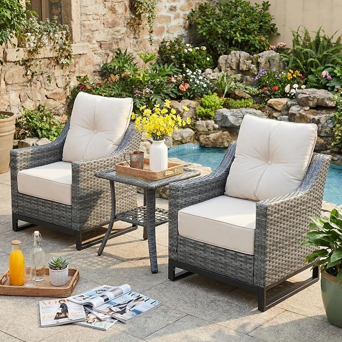 3 Pack Patio Furniture Set with 6" Thick Cushions, Dienspeak Rattan Wicker Patio Set with Two Outdoor Chairs and Table, High Back Rattan Chair with Comfy Cushions for for Porch, Garden Poolside Balcon