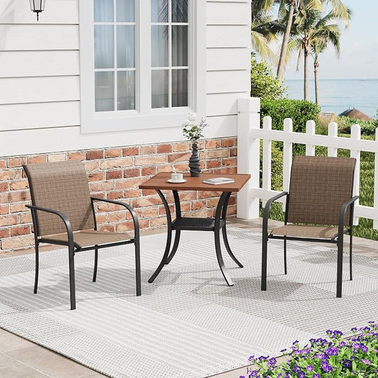 3 Pieces Patio Dining Set, 28" Square Dining Table with Storage Shelf, 2 Stackable Textilene Fabric Chairs, Metal Structure for Patio, Porch, Garden(Walnut Table, Brown Chair)