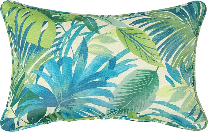 13 x 20 Inch Outdoor Lumbar Pillow with Insert Set of 2, Decorative Piping Edge Waterproof Fade Resistant Fluffy Throw Pillows for Patio Furniture Chair Bench Couch - Green Palm Leaves