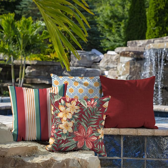 Arden Outdoor Toss Pillow, 4-Pack, 16x16, Ruby Clarissa | Indoor/Outdoor Décor, Set of 4, 16 x 16, Rain-Proof, Fade Resistant, Mold and Mildew Resistant