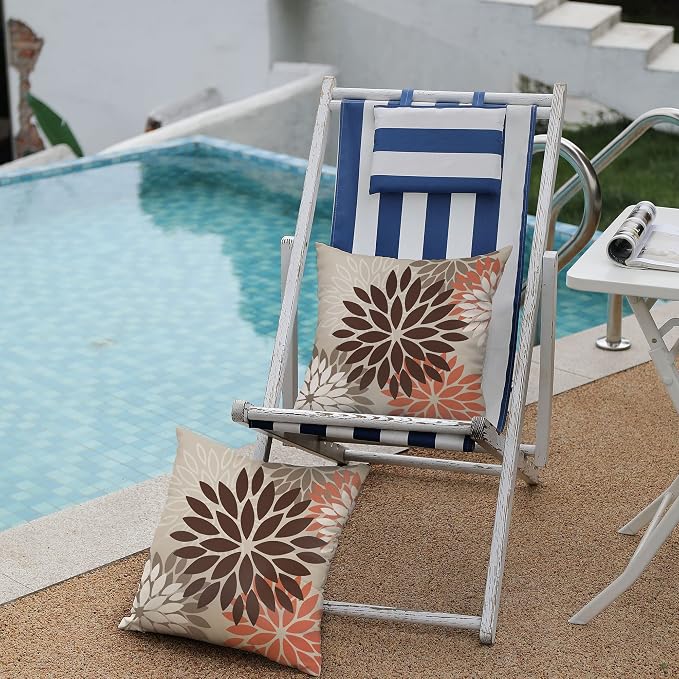 DFXSZ Outdoor Waterproof Pillow Covers 18x18 Set of 2 Brown Red Flower | Spring Summer Waterproof Flower Throw Pillowcases（No Inserts）Outdoor Decor for Patio Funiture Garden Polyester Covers