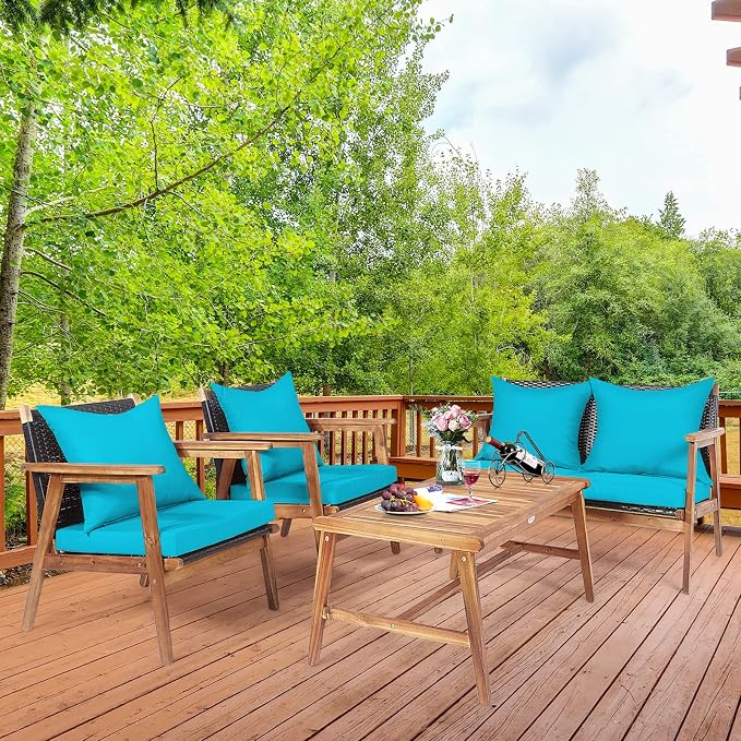 HAPPYGRILL 4-Piece Outdoor Rattan Sofa Set Acacia Wood Frame Conversation Set with Coffee Table, Sectional Furniture Set with Cushions for Backyard Porch Garden Poolside Balcony