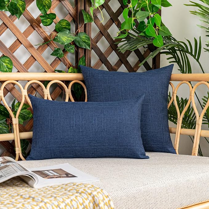 Kevin Textile Outdoor Waterproof 12”x24” Lumbar Pillow Covers 2 Pack, Blue | Water Resistant, Soft Faux Linen-cotton Yarn-dyed Woven Texture Throw Pillow Covers for Tent Patio Garden Couch Sofa