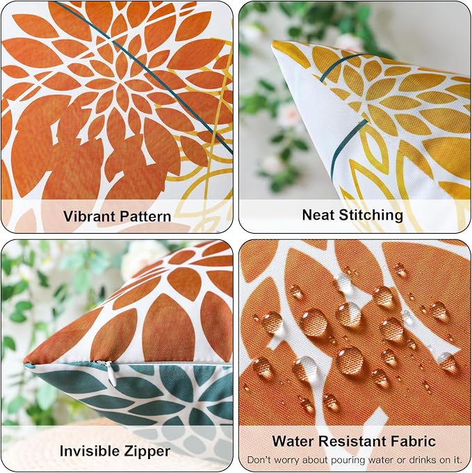 OTOSTAR Outdoor Orange Yellow Pillow Covers 20x20 Inch Set of 2 Blue Flower Throw Pillows Farmhouse Geometric Dahlia Floral Square Cushion Case Waterproof Decor for Sofa Patio Funiture Garden