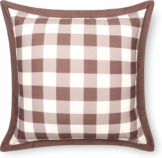Modern Farmhouse California Casual Indoor Outdoor Throw Pillow Cover, 22"x22" Water Repellent for Patio, Backyard, Couch, Poolside, Cocoa Brown Print Gingham