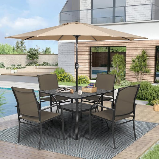 Crownland 5 Piece Patio Dining Set, Textilene Dining Sets, 4 Textilene Metal Chairs and Square Outdoor Dining Table with Khaki 9FT Round Outdoor Umbrella (Brown)