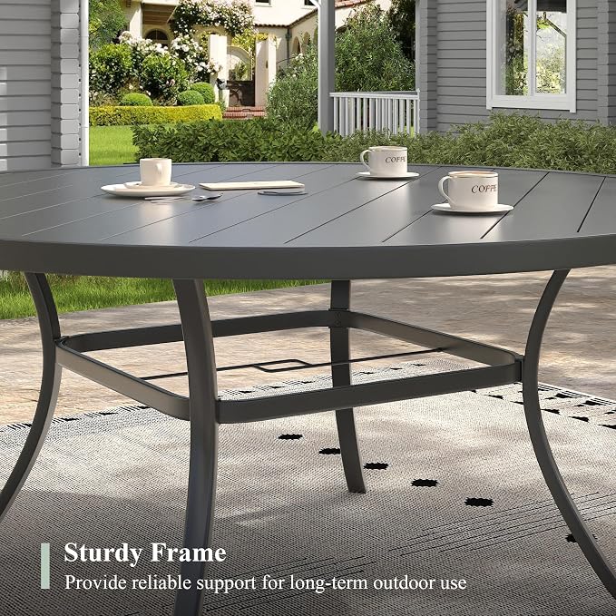 Outdoor Dining Table for 8, 53" Round Outdoor Table with Adjustable Umbrella Hole, All-Weather Metal Patio Dining Table for Lawn Garden Backyard Deck, Black