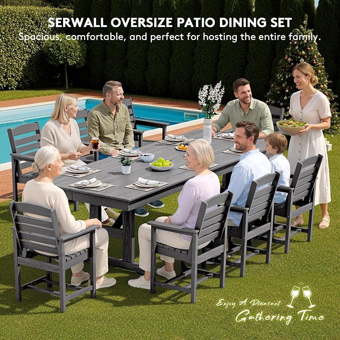SERWALL Outdoor Dining Chairs Set of 4 with Arms, All-Weather HDPE Patio Chair with 19.7" Widened Seat, for Backyard, Garden, Gray
