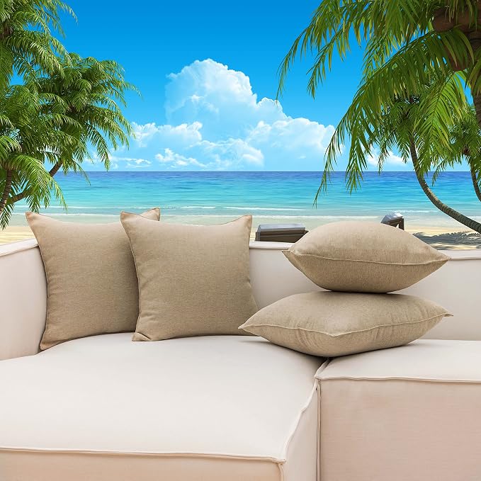 Home Brilliant Patio Pillows Outdoor Waterproof Set of 4 Throw Pillow Covers, 18x18 inch, 45x45 cm, Pack of 4, Linen