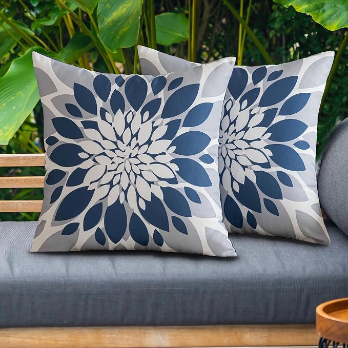 Pack of 4 Outdoor Waterproof Pillow Covers 22x22 Decorative Outdoor Throw Pillows Garden Square Cases for Patio Furniture, Couch, Tent Sunbrella, Bench, Blue Grey