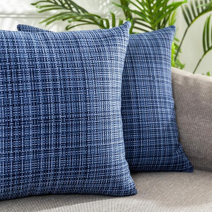 Kevin Textile Outdoor Waterproof 16x16 Inch Pillow Covers 2 Pack, Navy Blue | Water Resistant, Faux Linen Yarn-dyed, Woven Texture Throw Pillow Covers for Tent Patio Garden Couch Sofa