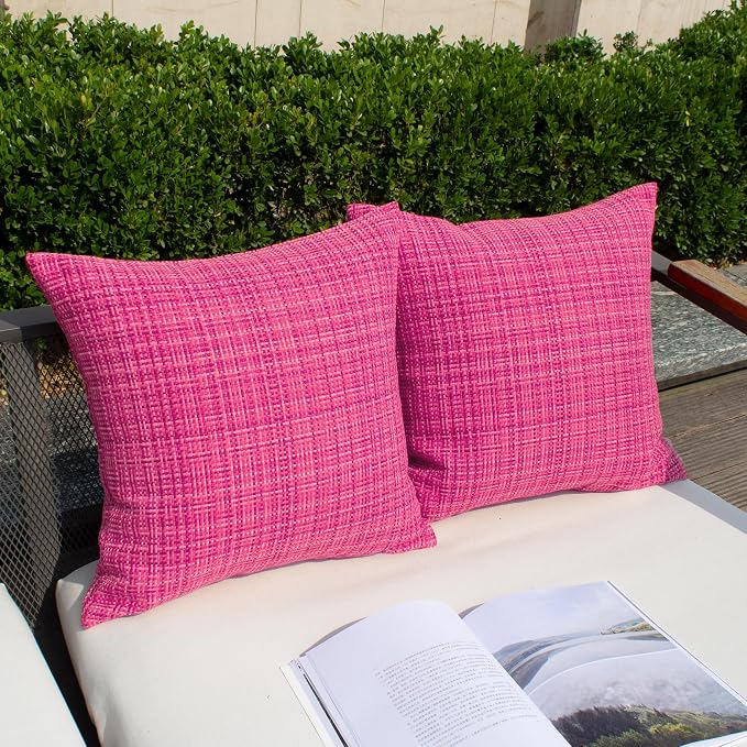 Kevin Textile Outdoor Waterproof 16x16 Inch Pillow Covers 2 Pack, Hot Pink | Water Resistant, Faux Linen Yarn-dyed, Woven Texture Throw Pillow Covers for Tent Patio Garden Couch Sofa