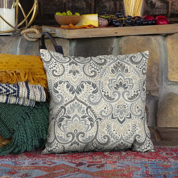 Arden Outdoor Toss Pillow, 2 Pack, 16 x 16, Rain-Proof, Fade Resistant Neutral Aurora Damask
