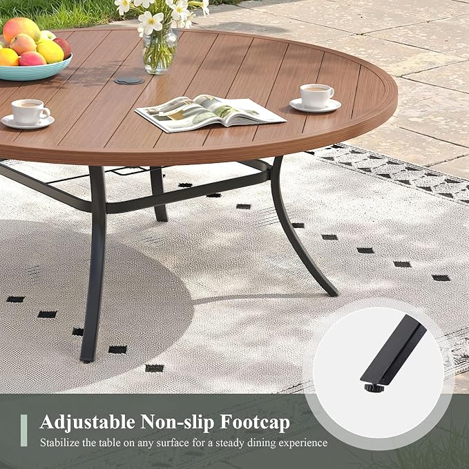 Outdoor Dining Table for 8, 53" Round Outdoor Table with Adjustable Umbrella Hole, All-Weather Metal Patio Dining Table for Lawn Garden Backyard Deck, Walnut