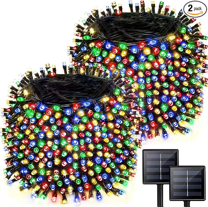 Solar Christmas lights Outdoor 2 Pack 480 LED Solar String Light Multicolor | 170FT, 8 Lighting Modes, Memory Function, Auto On/Off, Waterproof Twinkle Lights for Outside Roof Porch Patios Balcony Decor