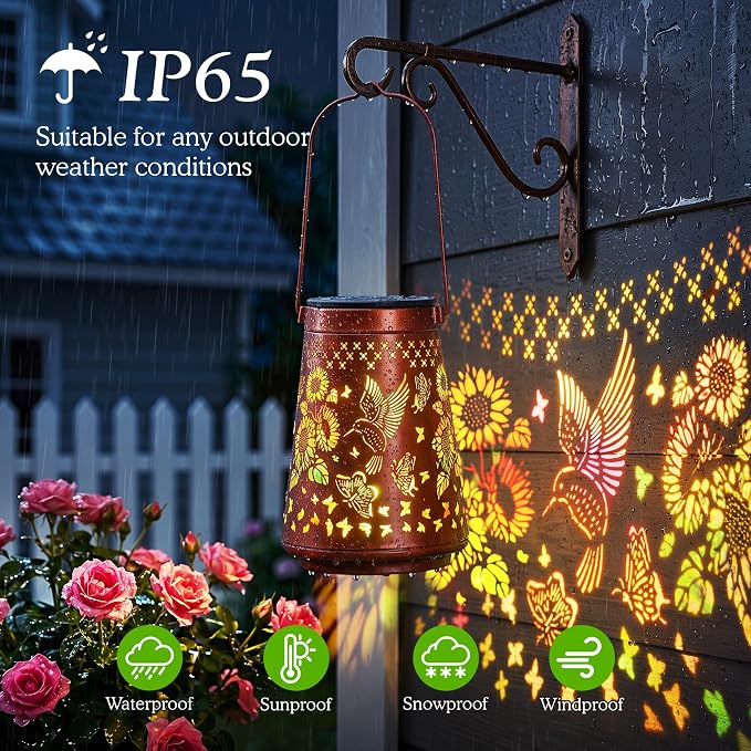 2 Pack Hummingbird Solar Lanterns Outdoor Solar Lights | Sunflowers and Butterflies, Metal Hanging Lights for Patio, Pathway, and Yard, Garden Decor Gifts for Women, Mom & Grandma
