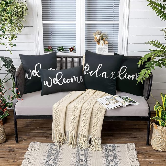 Merrycolor 2 Pack Black & White Outdoor Waterproof Modern Rectangular Throw Pillow Covers, 20" x 12", Welcome Letter Print, Living Room, Outdoor Activities