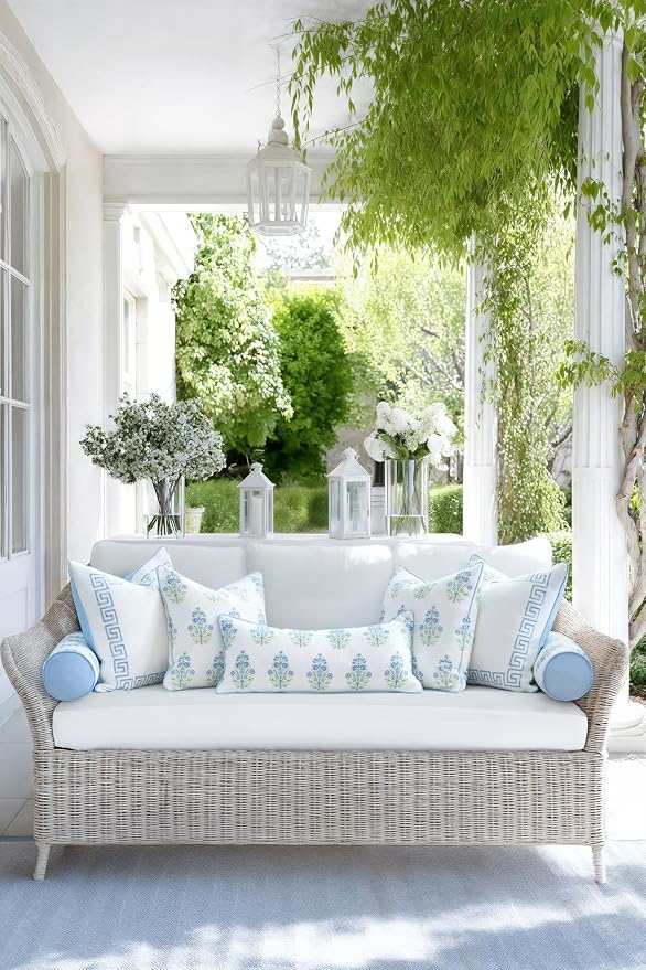 Hofdeco Premium Coastal Grandmillennial Patio Indoor Outdoor Lumbar Pillow Cover Only, 12"x26" Water Repellent for Backyard, Couch, Poolside, Baby Blue Print Flower