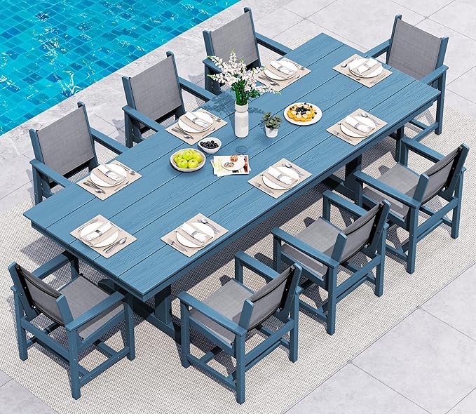 SERWALL 9 Piece Outdoor Dining Set, 84" HDPE Outdoor Large Table and Textilene Sling Chairs for 8，All Weather Patio Dining Furniture Set with Umbrella Hole for Backyard, Garden, Blue