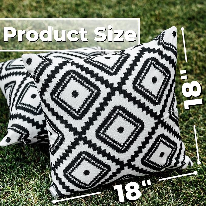 Outdoor Pillow Covers 2 Pack Patio Decorative Accent Throw Pillow Covers, Waterproof and Fade Resistant, Perfect for Summer Outdoors and Indoors, Geometric 18x18in Black and White